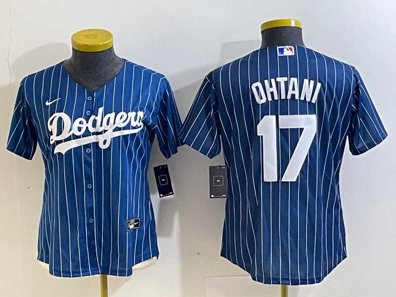Womens Los Angeles Dodgers #17 Shohei Ohtani Red Navy Blue Pinstripe Stitched Cool Base Nike Jersey1